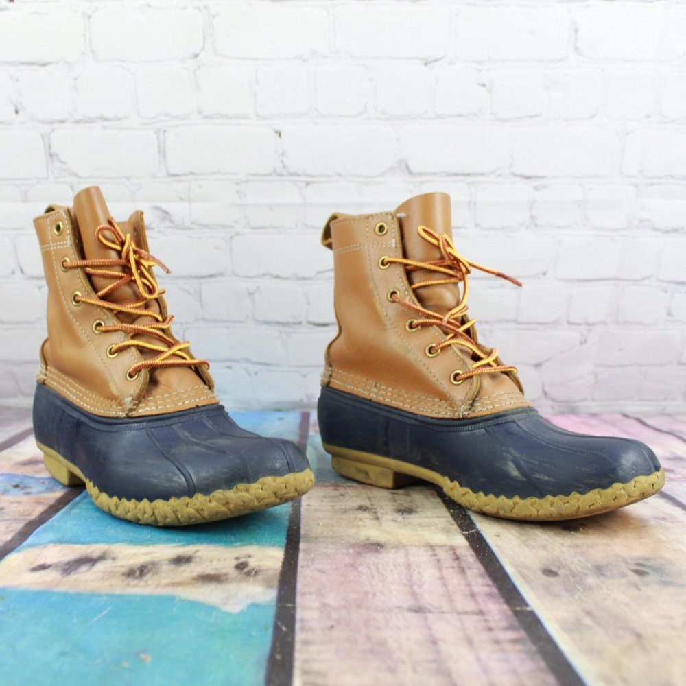 LL Bean Unlined Brown Leather Blue Rubber Duck Bean Boots Size 7 M - Picture 3 of 9